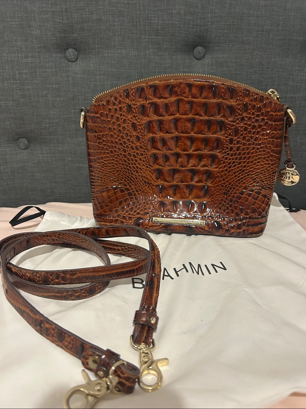 Brahmin Croc-Embossed Amber Brown Leather Crossbody